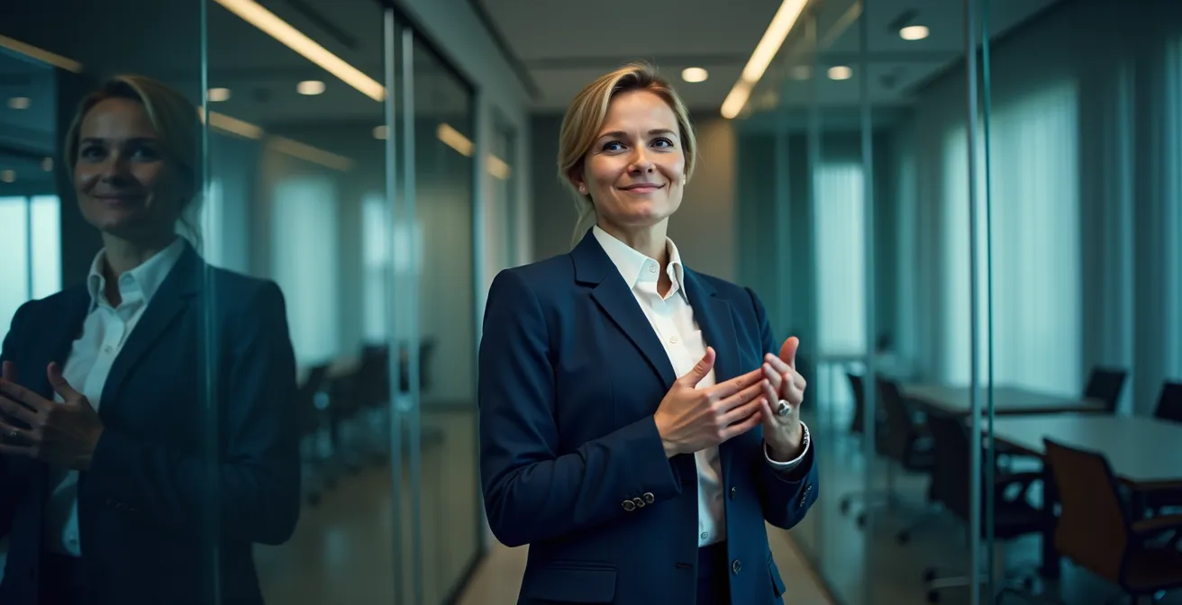 Professional using acting techniques for focused presentation delivery