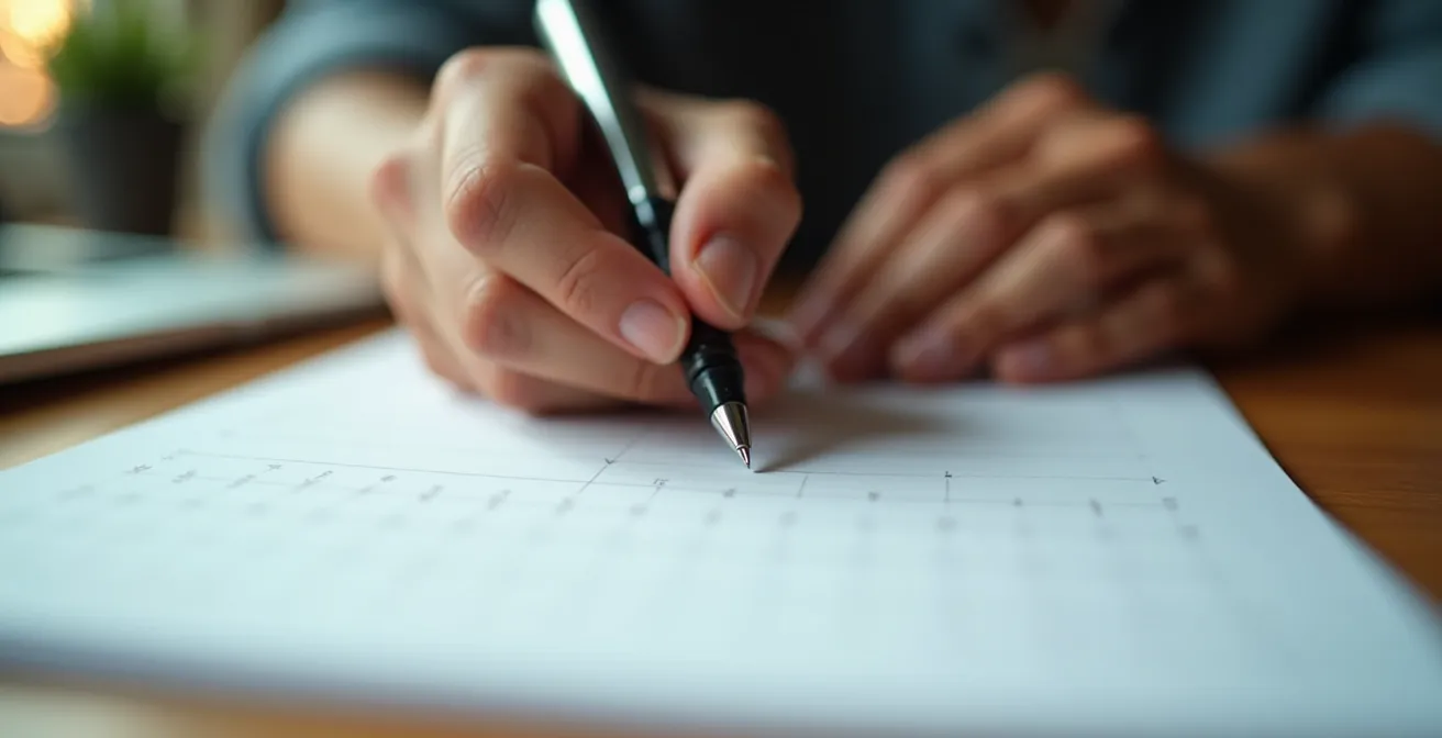Close-up of hands writing on paper with blurred workspace background