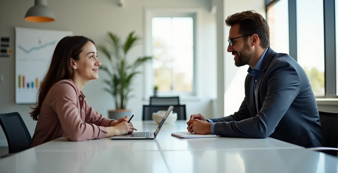 Professional meeting between apprentice and manager in modern office setting