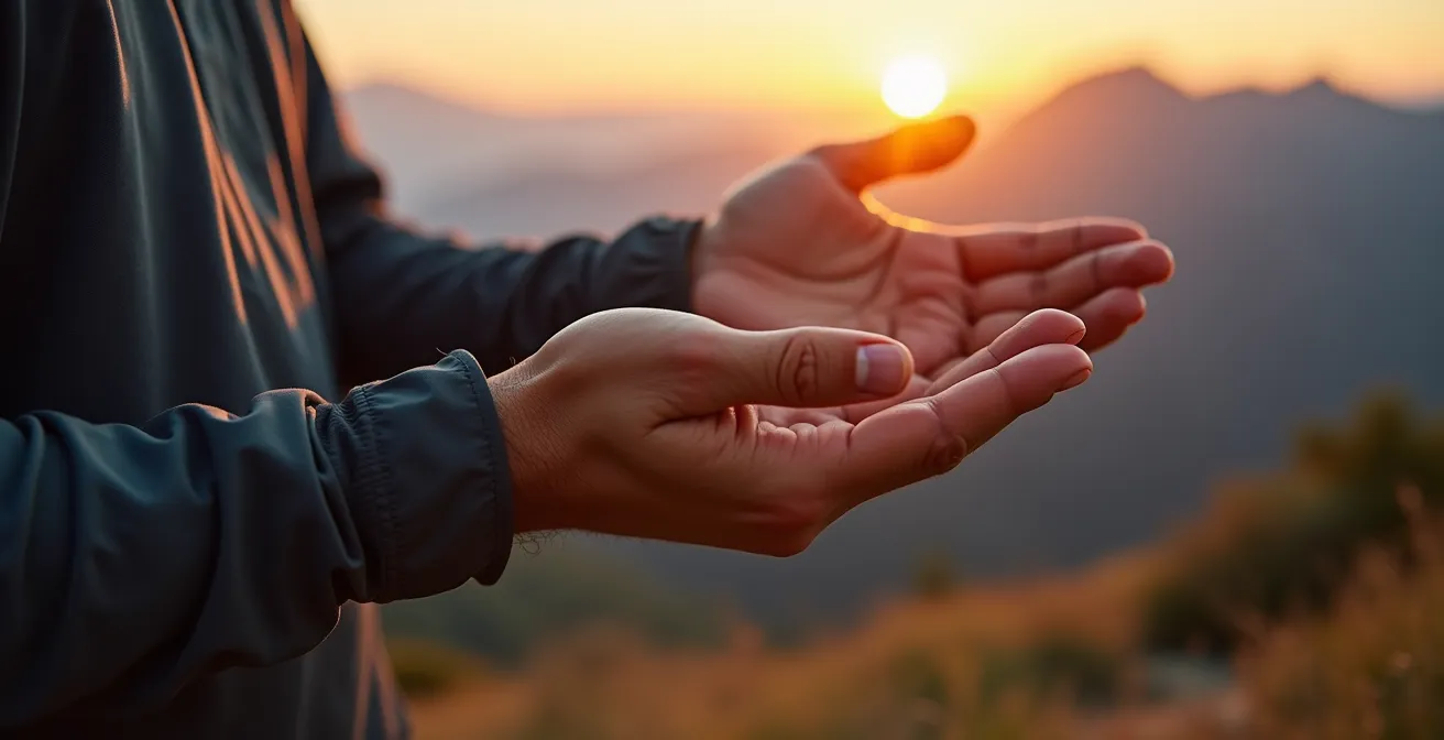 Close-up of hands checking heart rate on wrist in mountain setting at sunrise