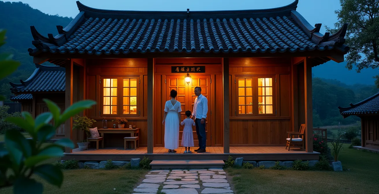 Family-run guesthouse owners greeting travelers at traditional entrance