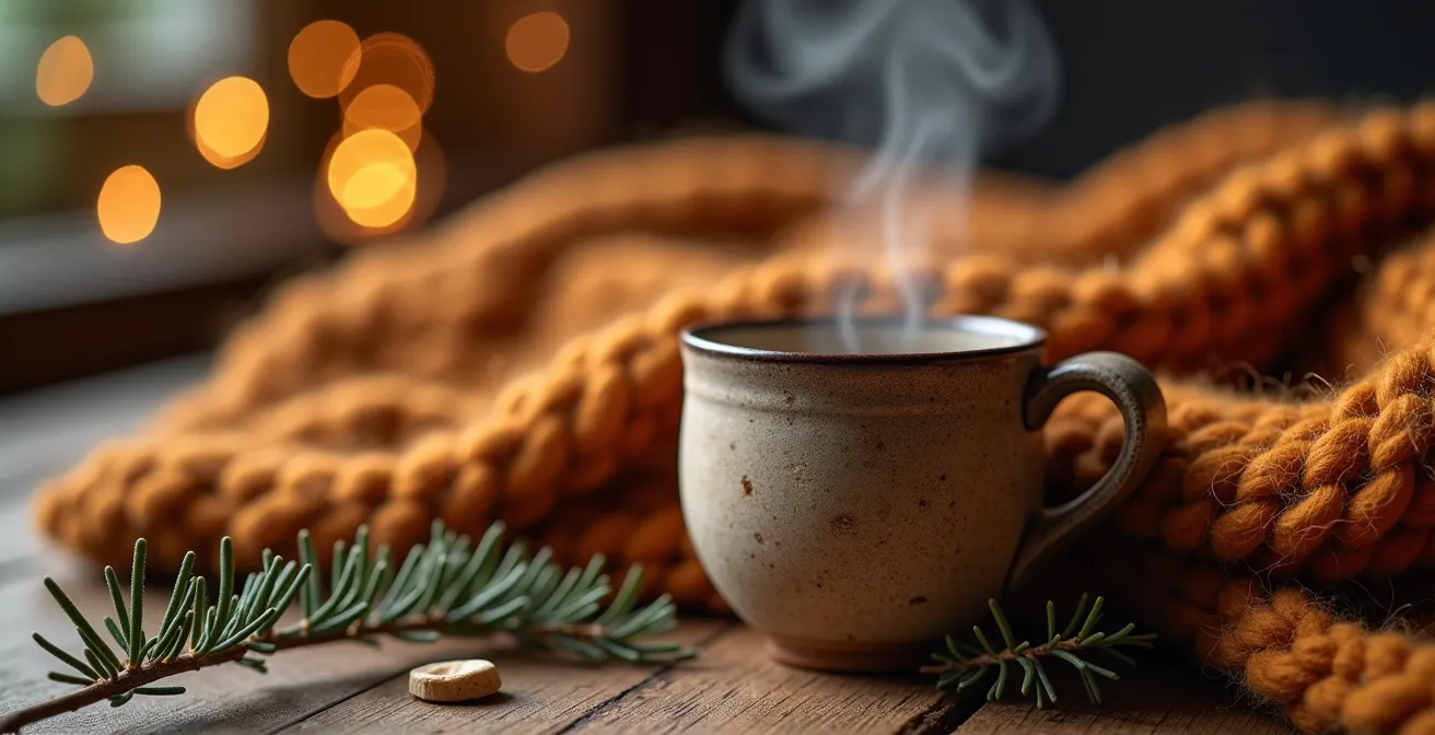 Close-up of autumn hygge textures showing wool, wood grain, and warm ceramic surfaces