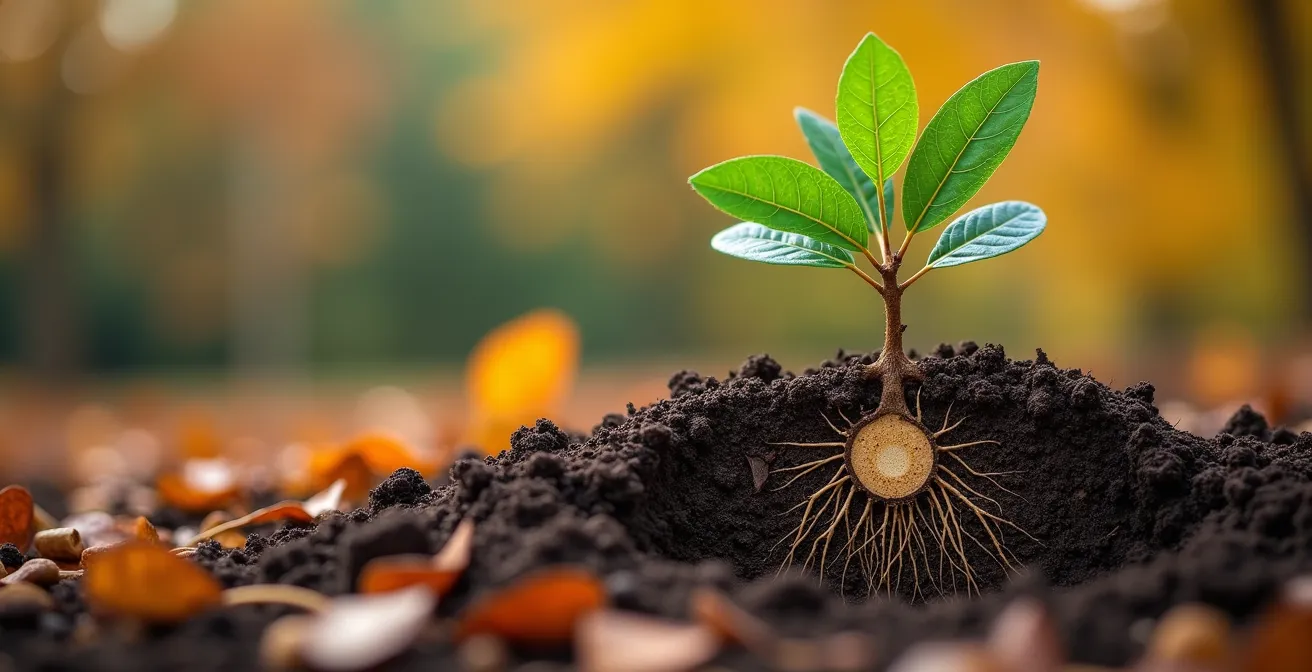 Close-up of autumn tree planting showing root system and mulching technique