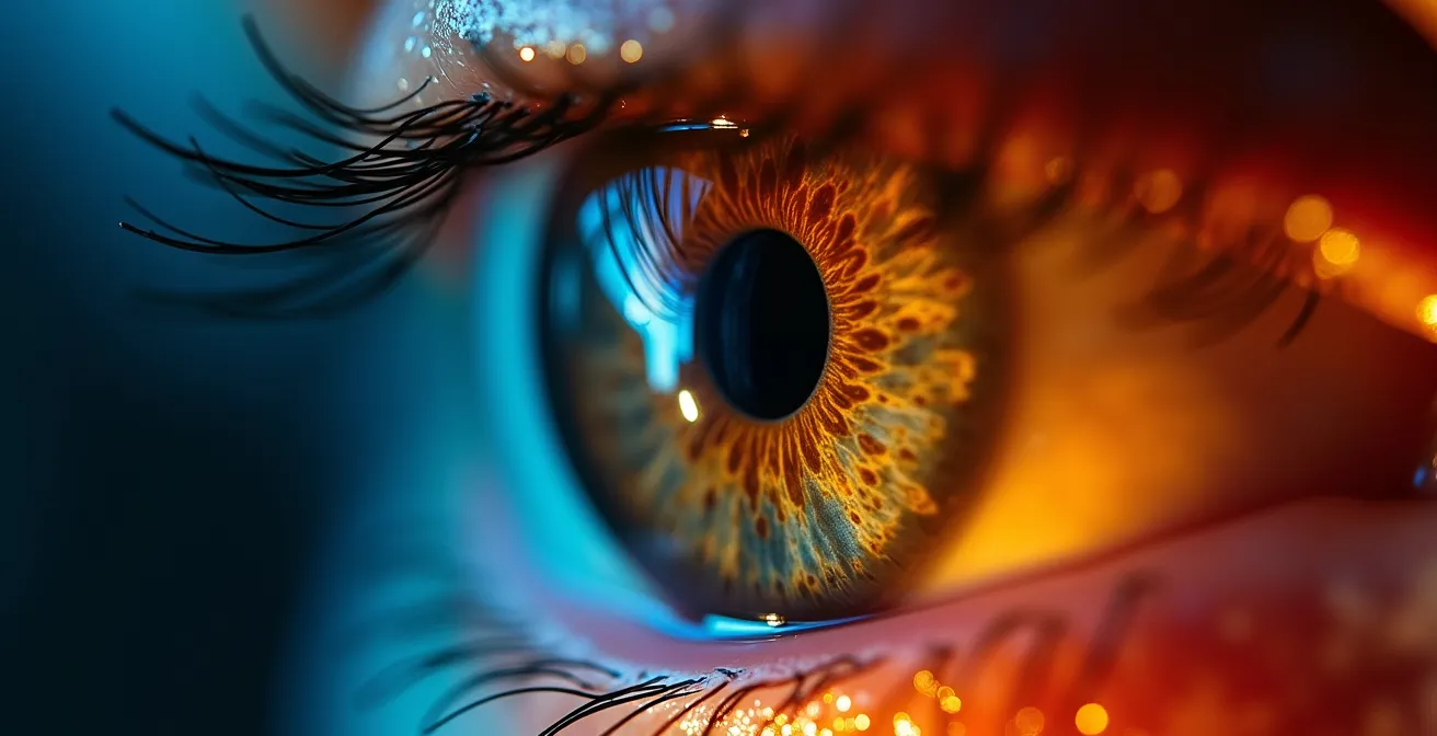 Macro photograph of light waves interacting with eye structures
