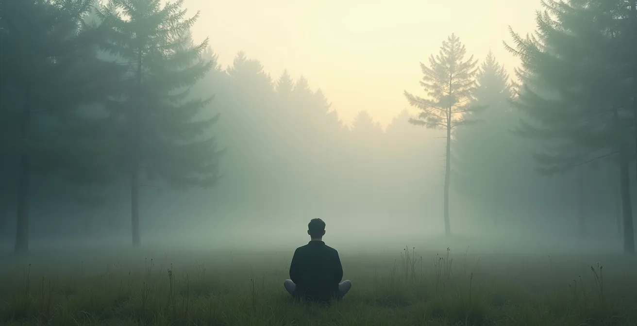Person sitting in quiet outdoor space with visible breath vapor in cool morning air