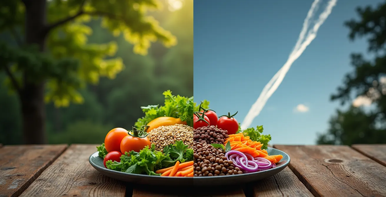 Visual comparison of carbon footprint between a vibrant plant-based meal and an airplane journey