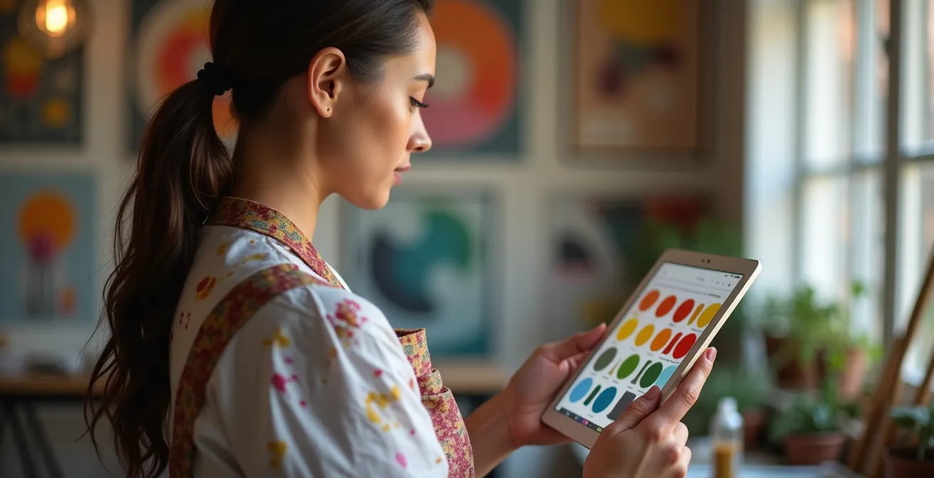Artist workspace showing physical color swatches next to digital tablet display for calibration
