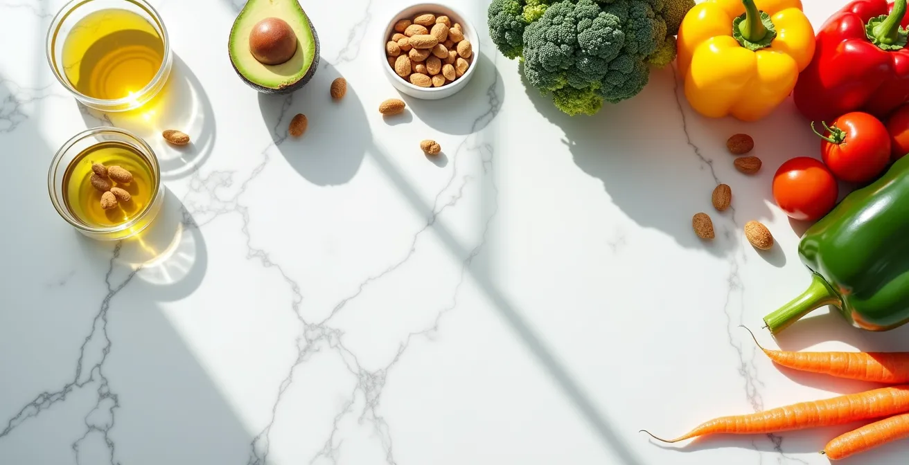 A minimalist arrangement of colorful vegetables like carrots, tomatoes, and broccoli alongside healthy fat sources like olive oil, avocado, and nuts on a white marble surface.