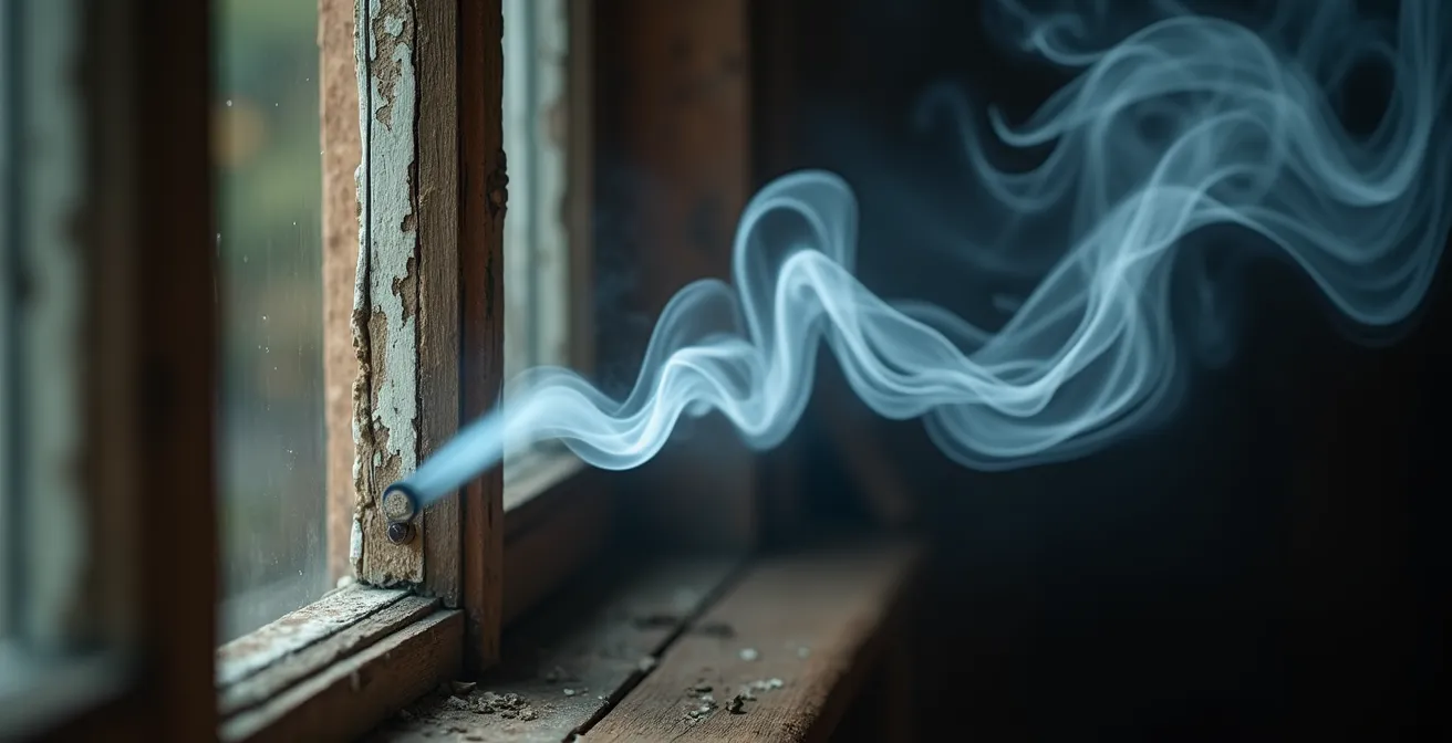 Close-up of incense smoke revealing air leak around window frame