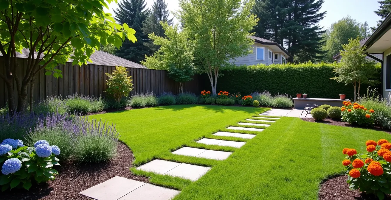 Small yard with diagonal pathway creating visual depth and space