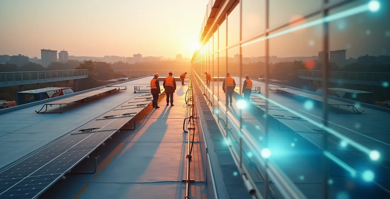 3D drone mapping visualization of commercial rooftop solar panel installation process