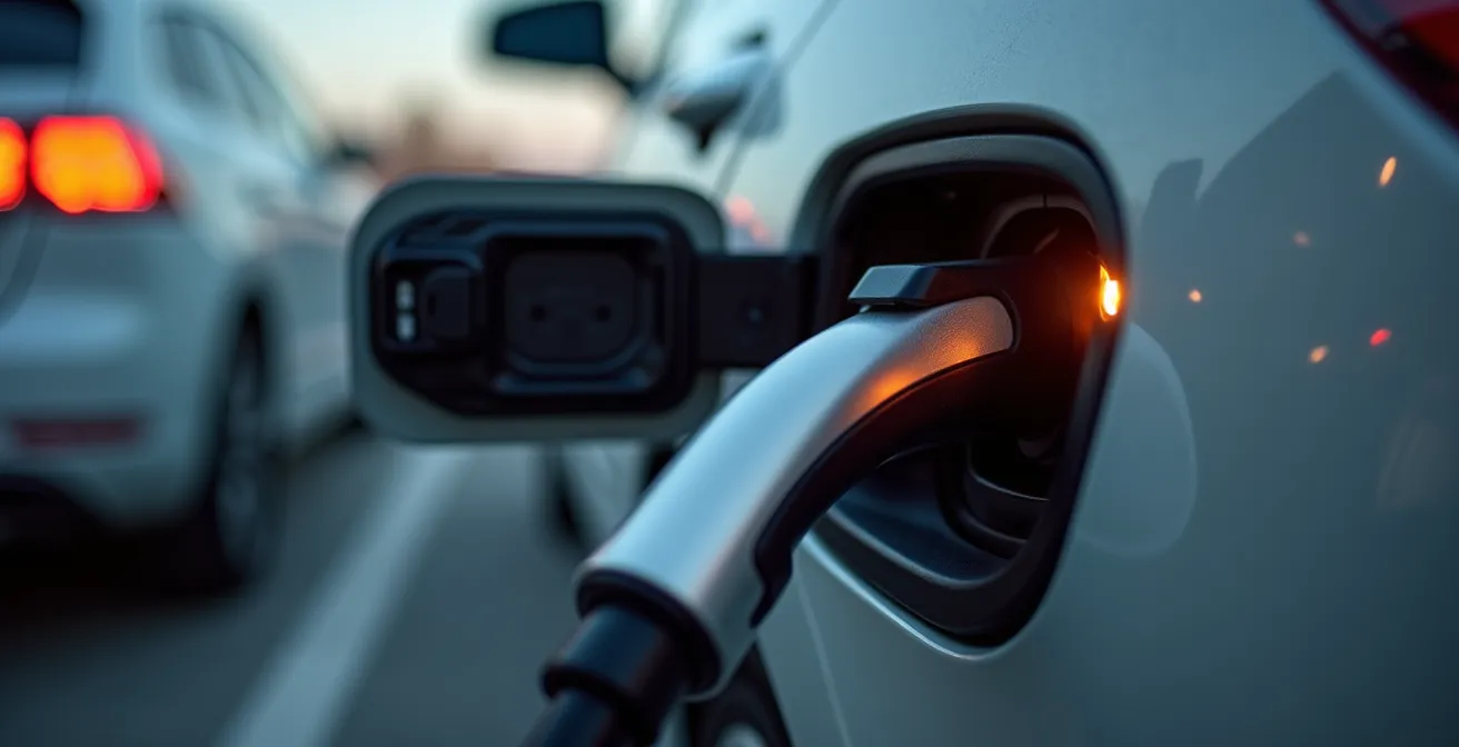 Extreme close-up of a sleek electric charging cable connector approaching a vehicle's charging port