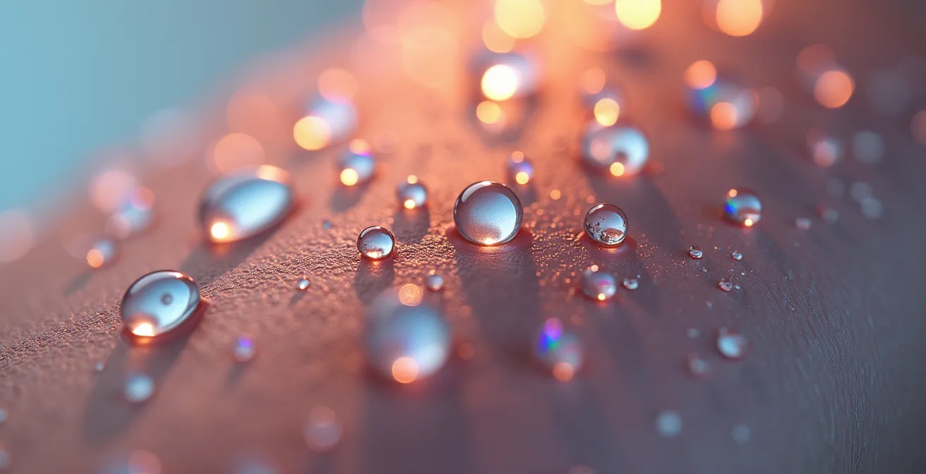 Macro close-up of crystalline mineral formations in water droplets on human skin