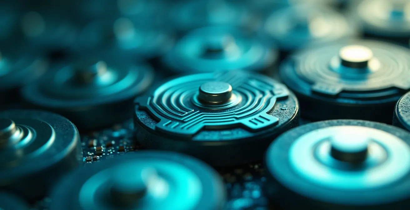 Macro shot of EV battery cells being repurposed for home energy storage