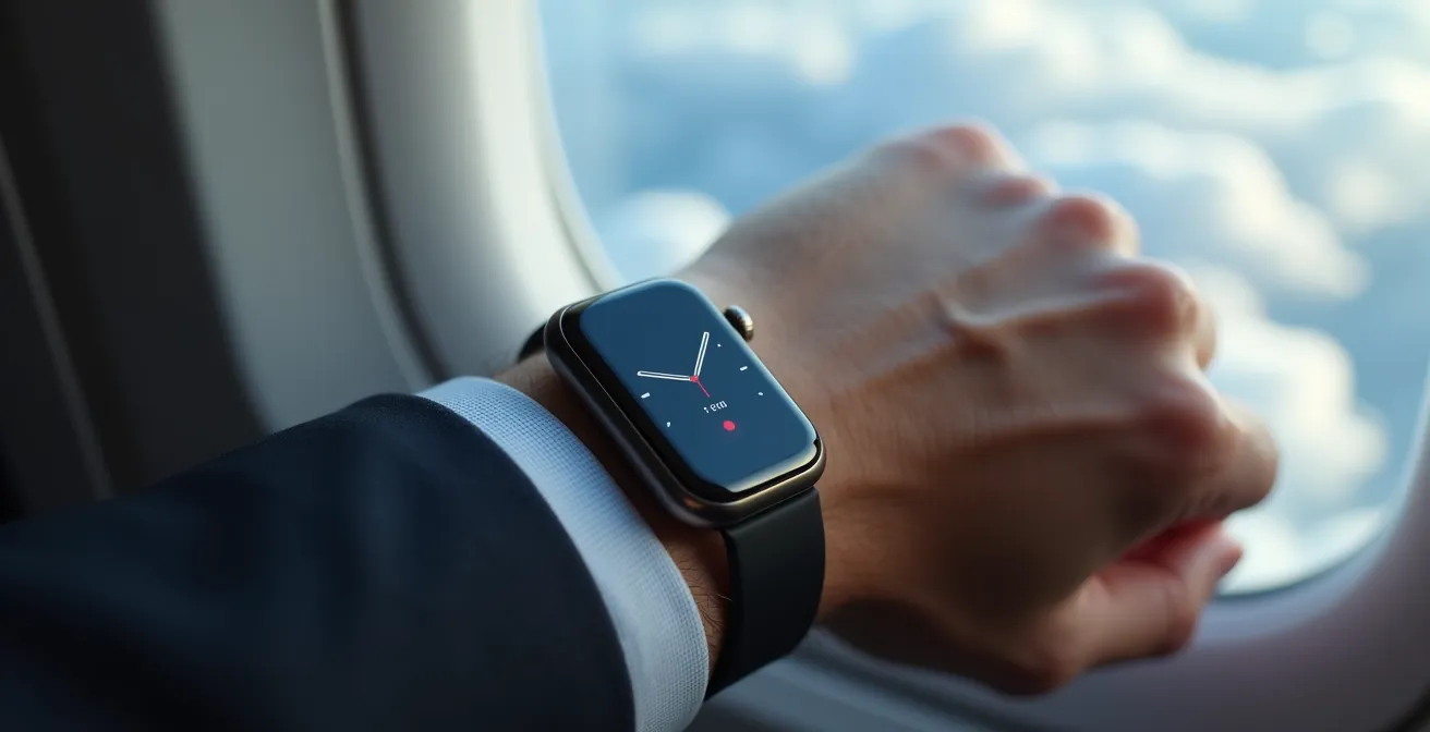 Close-up of executive's wrist wearing smart health monitoring device during flight