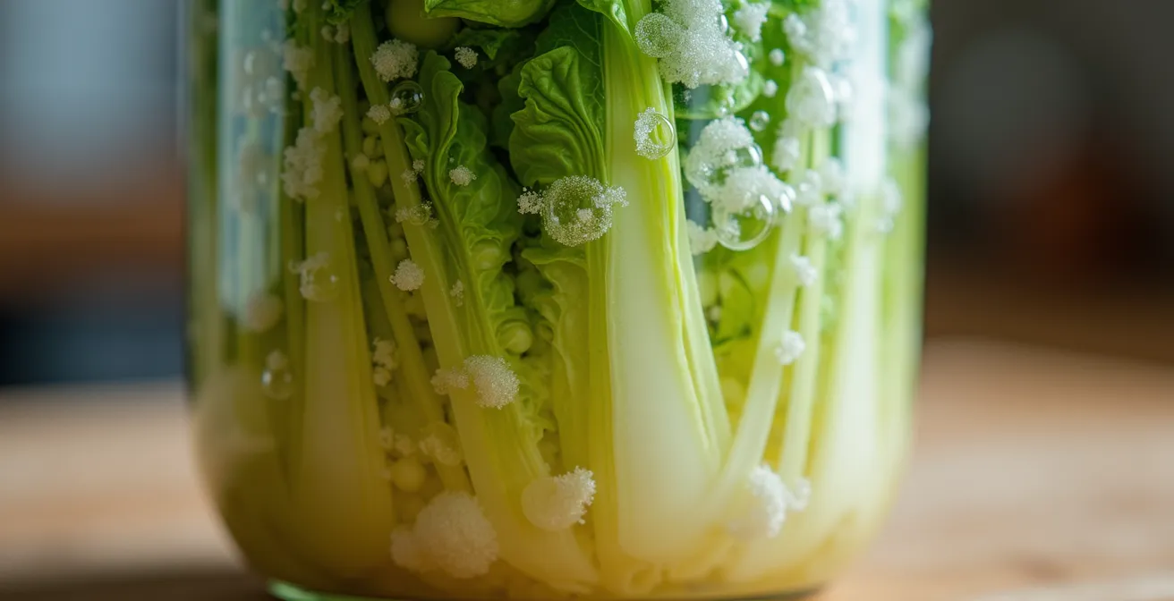 Time-lapse visualization of vegetable fermentation showing bacterial activity on cabbage leaves in a glass jar.