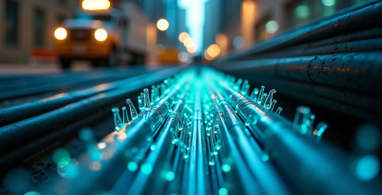Workers installing fiber optic cables beneath city streets signaling smart district development