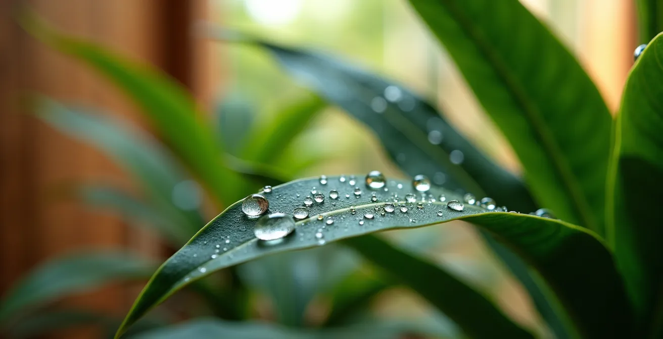 Biophilic spa interior showing natural humidity control through plants and water features