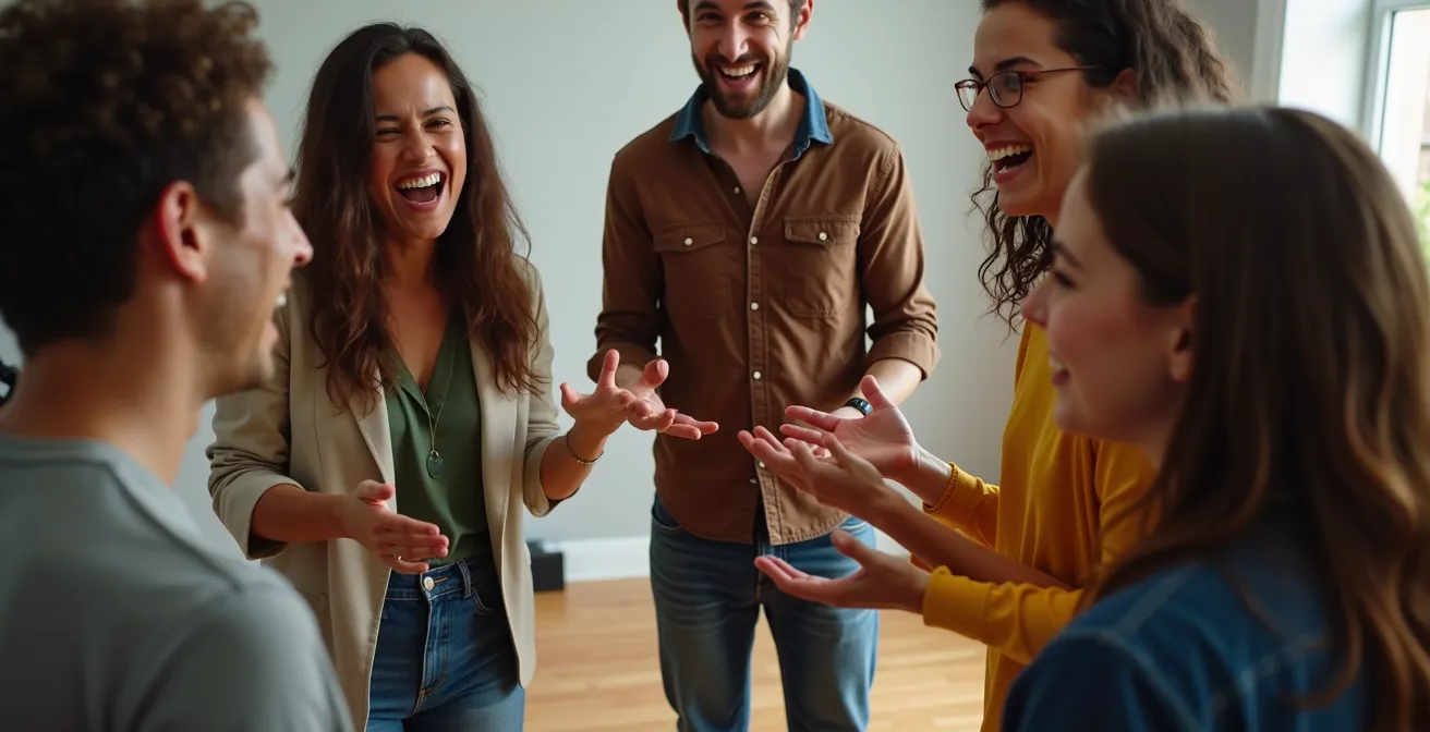 Diverse group engaged in collaborative improv exercise