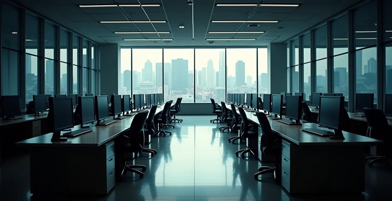 Wide shot of empty trading floor after hours with abandoned workstations