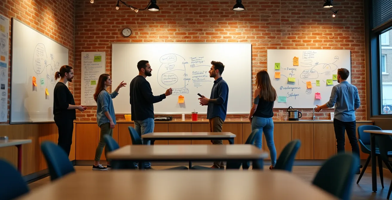 Break room transformed into dynamic collaborative space with mobile furniture