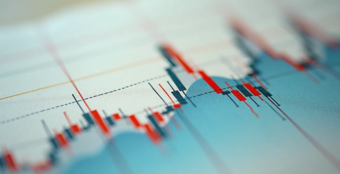 Macro close-up of financial chart patterns showing accumulation and distribution phases