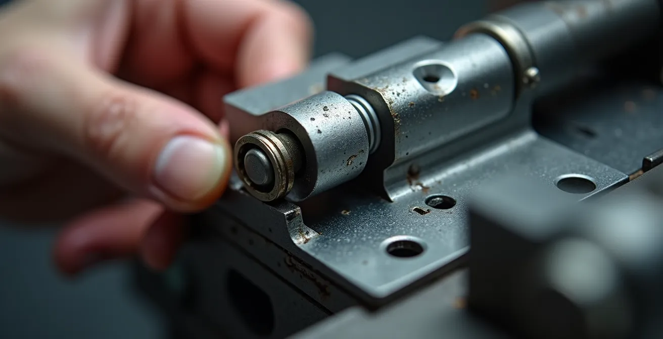 Extreme close-up of metal furniture hinge under mechanical stress showing quality details