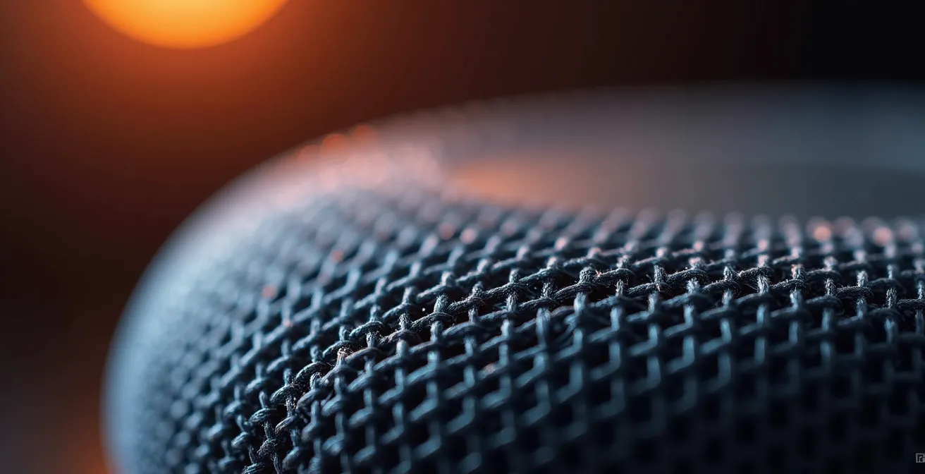 Extreme close-up of smart speaker mesh showing sound wave patterns