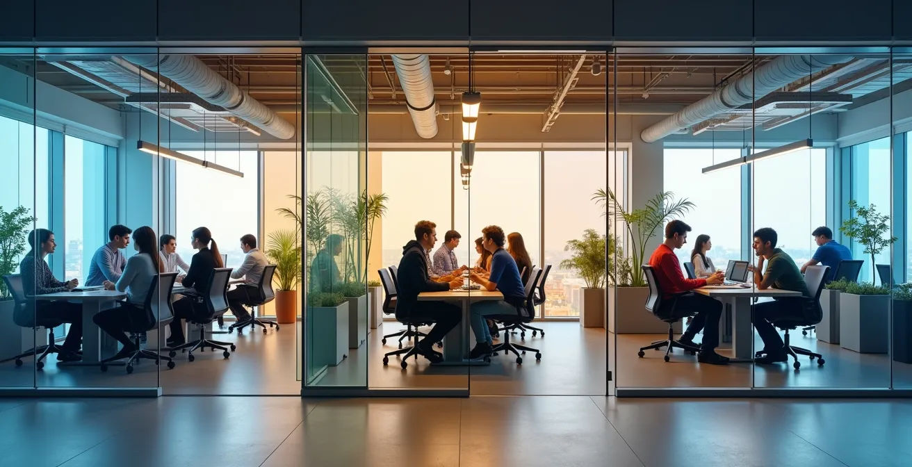 Split-screen comparison of three office environments for a 50-person team