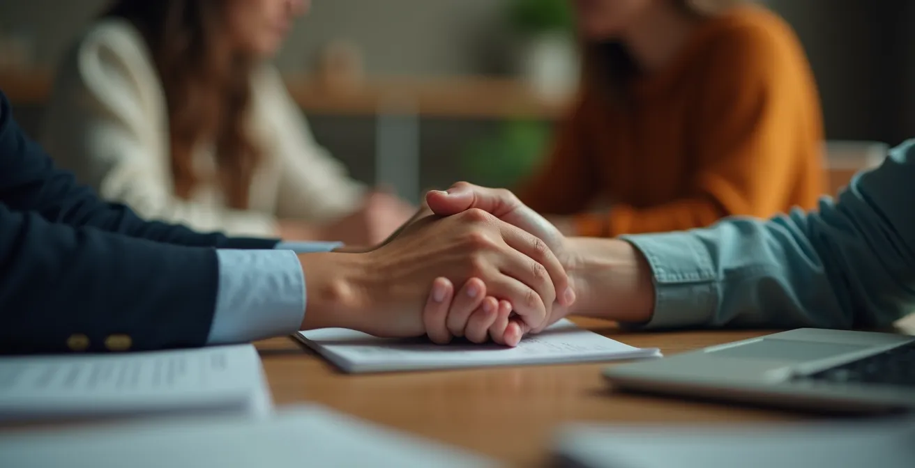 Close-up of manager showing empathy while listening to team member during difficult conversation