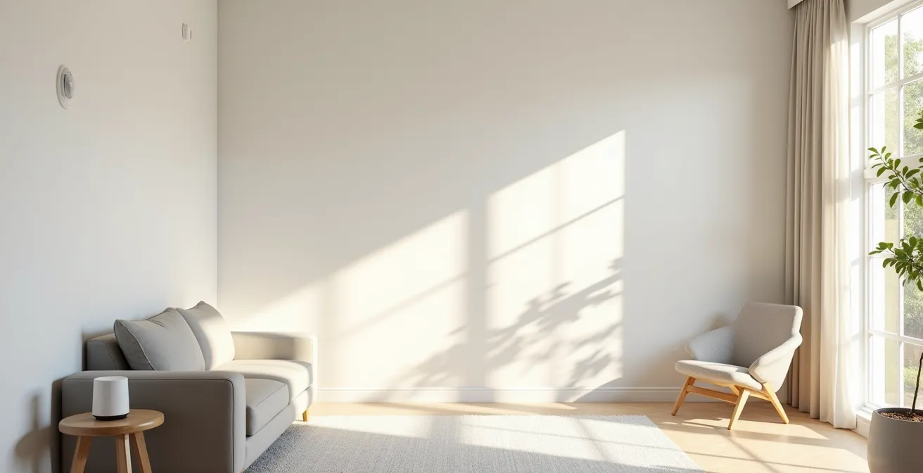 Wide angle view of modern living room with privacy-focused smart home setup