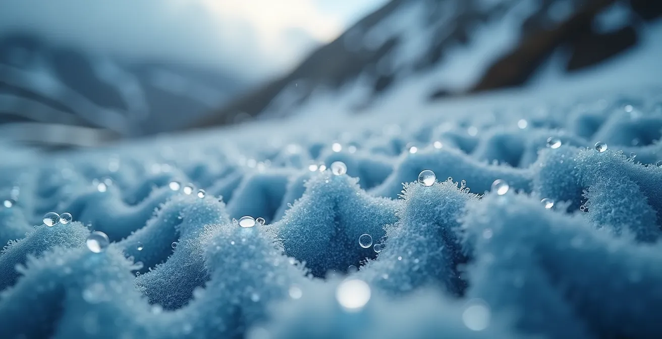 Macro shot of water beading on synthetic insulation fibers with mountain storm background
