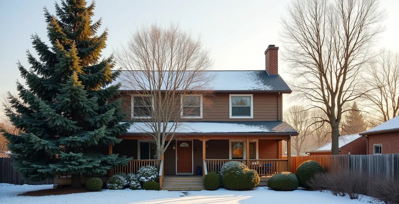 Strategic tree placement showing layered windbreak and seasonal sun angles
