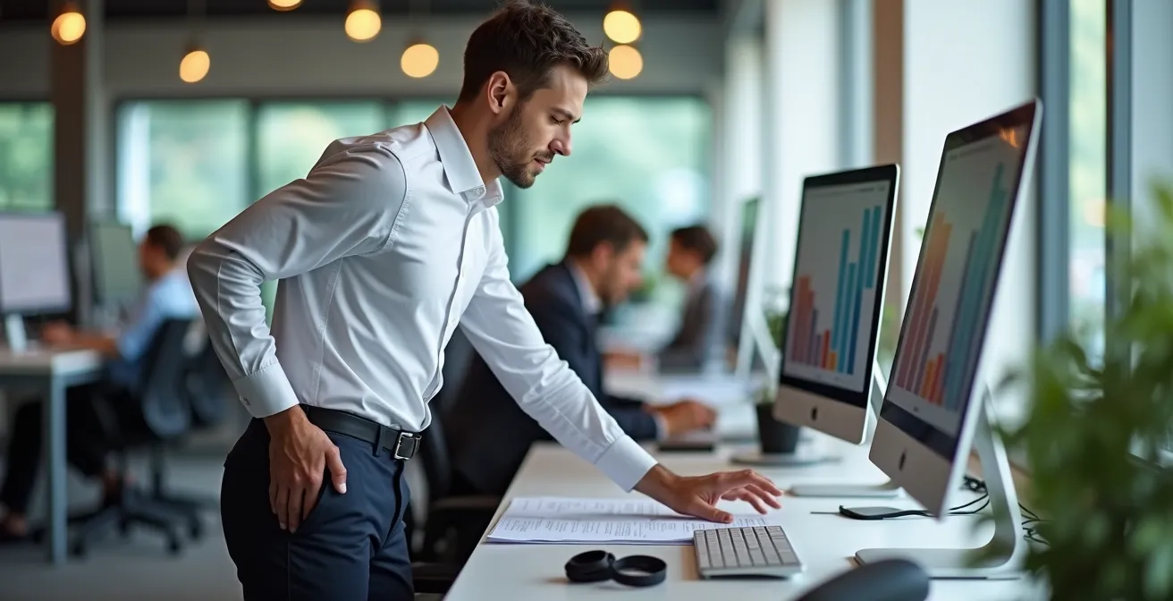 Professional using standing desk for recovery stretches