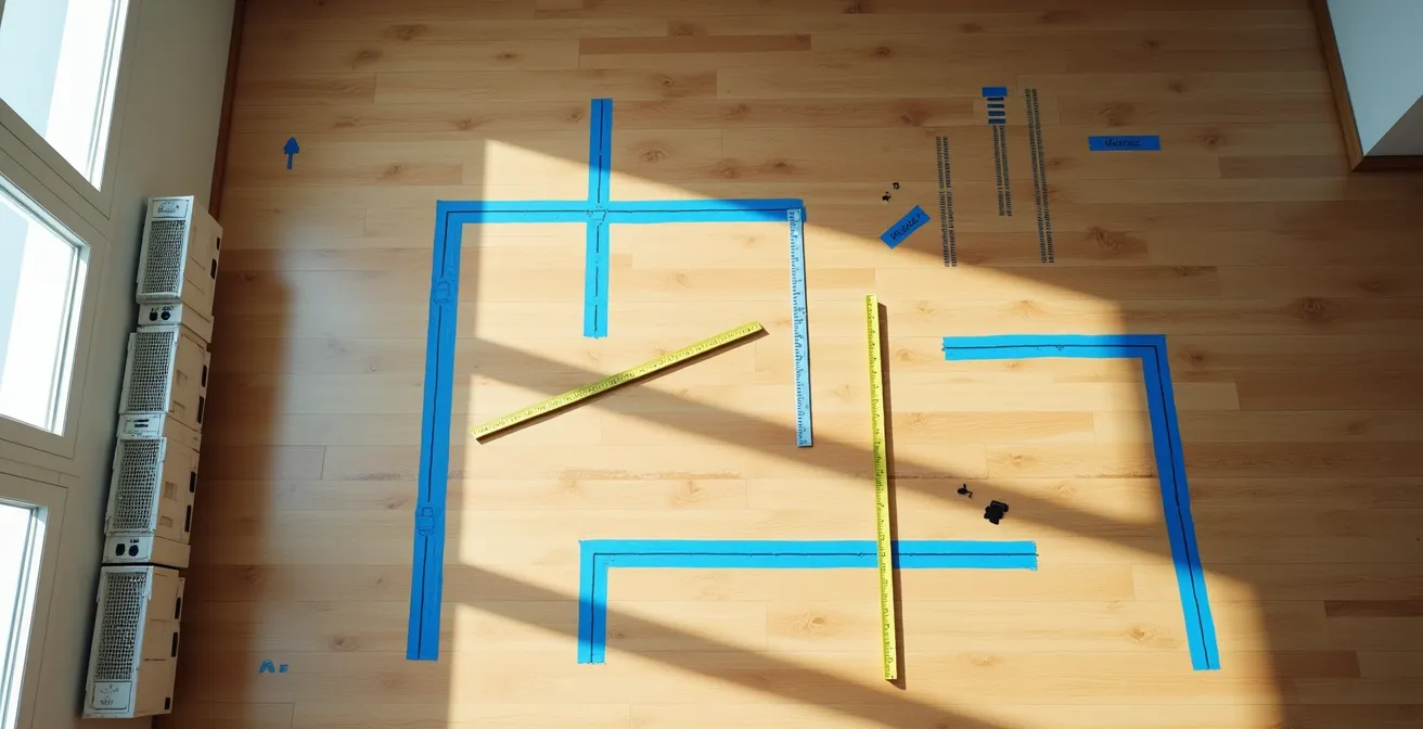 Bird's eye view of studio apartment floor with blue tape marking furniture zones