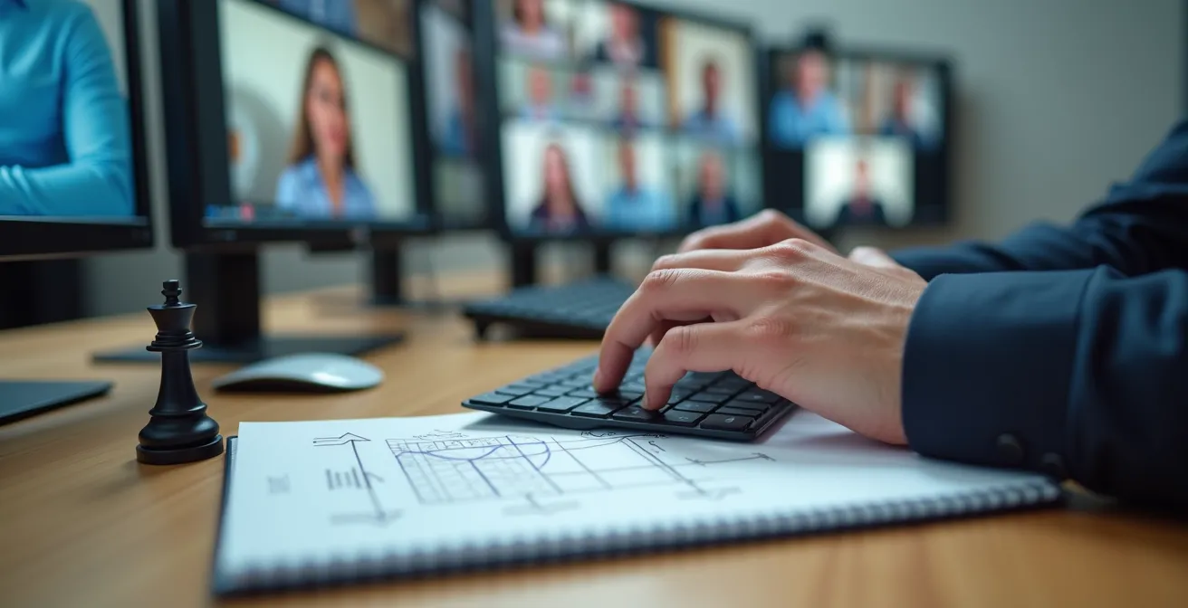 Parent thoughtfully composing a strategic question during a virtual school Q&A session