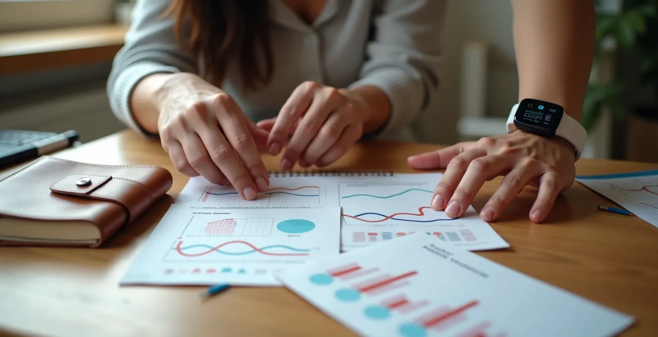 Person organizing medical data and health tracking devices for virtual consultation