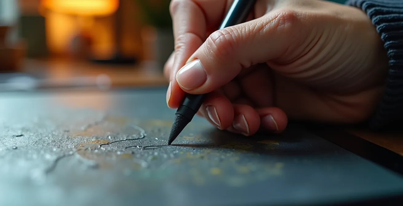 Close-up view of artist's hand using digital stylus on tablet showing layer panel structure