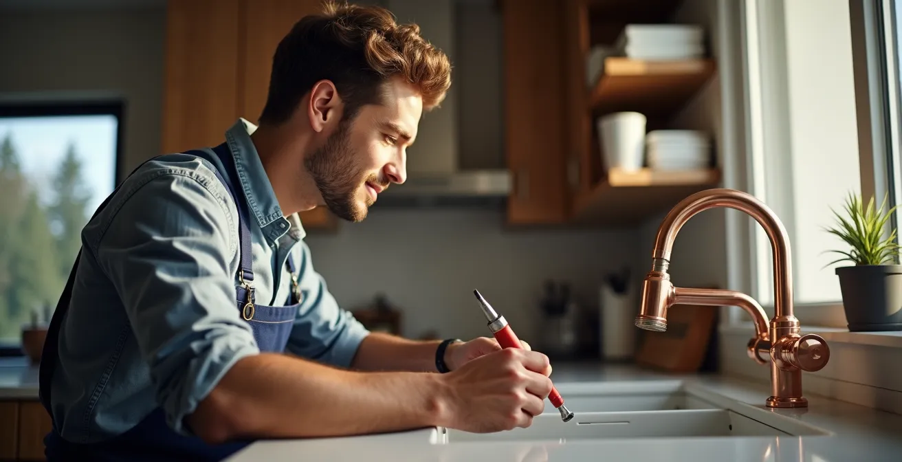 Young professional plumber working on high-end residential installation