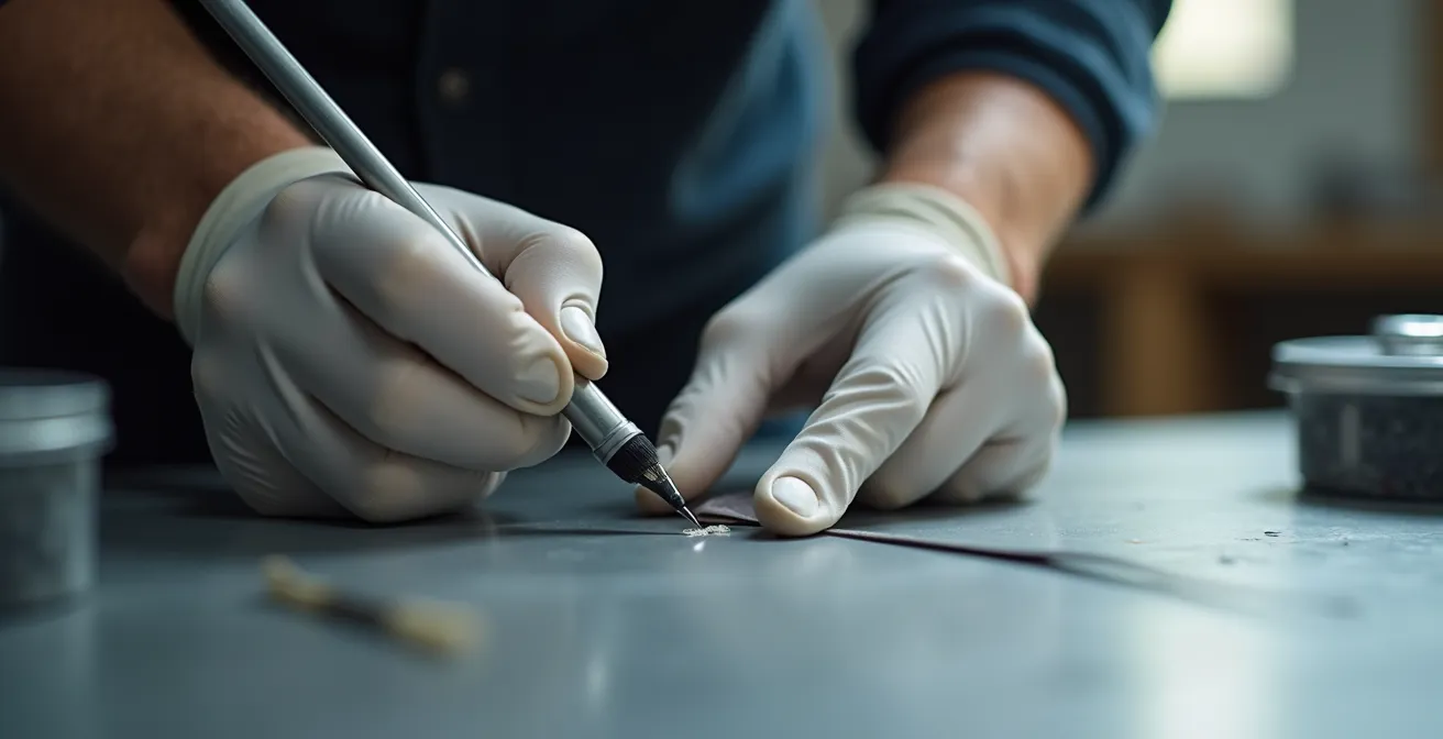 Detailed view of powder-coated aluminum surface showing chip repair stages