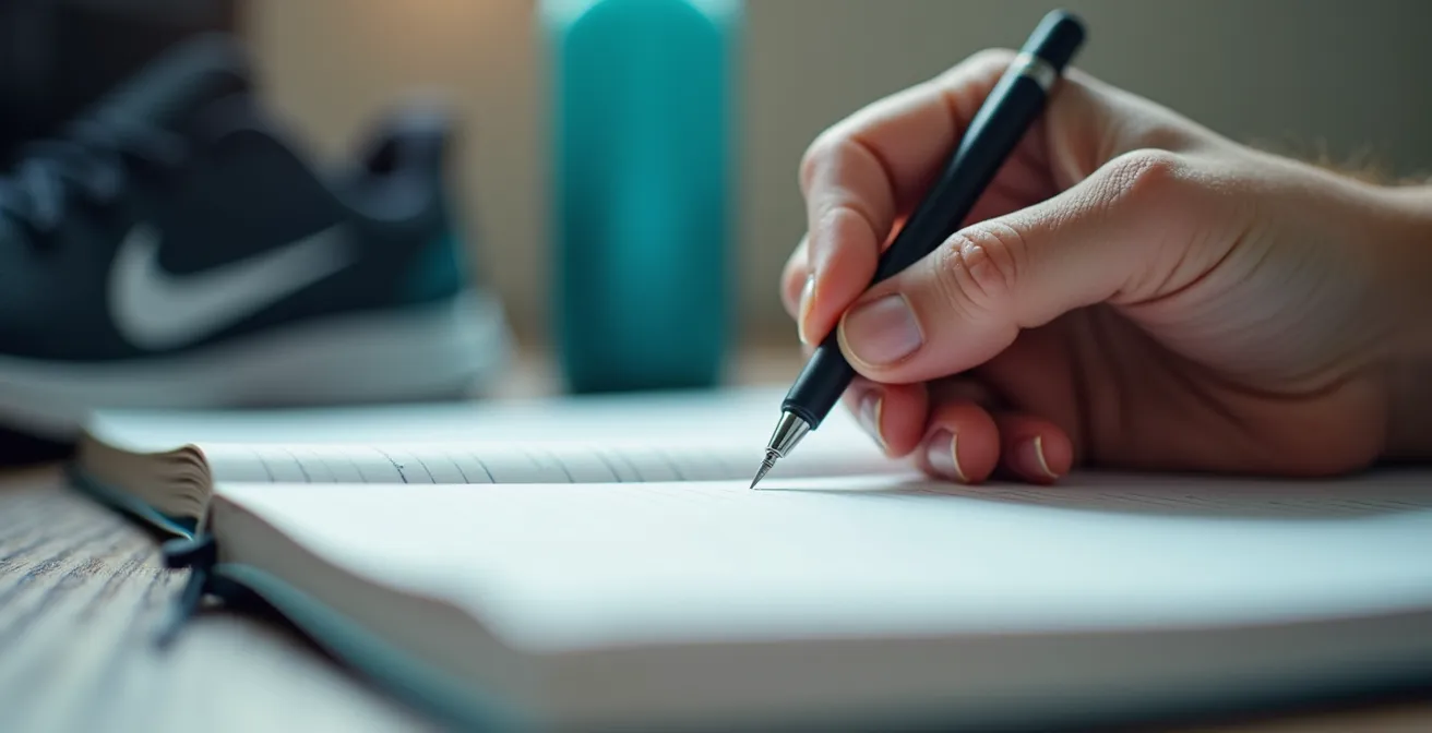 Close-up of hands writing in a journal with workout gear blurred in the background