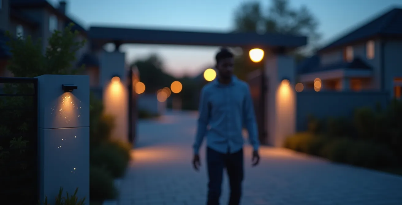 Modern gated community entrance showcasing privacy-preserving smart surveillance systems
