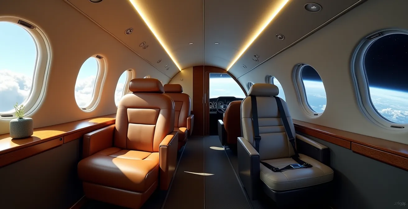 Split view comparing luxurious private jet cabin with futuristic suborbital spacecraft interior