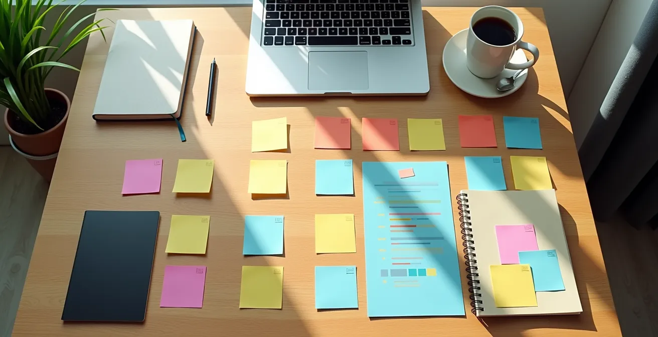 Professional workspace with skill mapping materials spread across desk