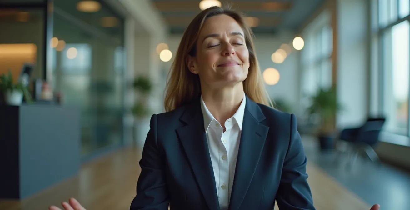 Serene corner of modern office converted into meditation space with natural lighting