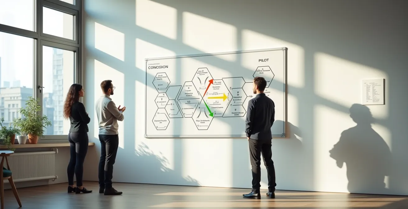 Visual framework showing blockchain pilot stages with exit points