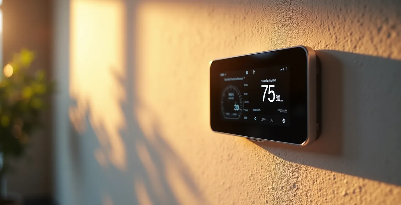 Modern thermostat on wall with subtle visual representation of temperature optimization