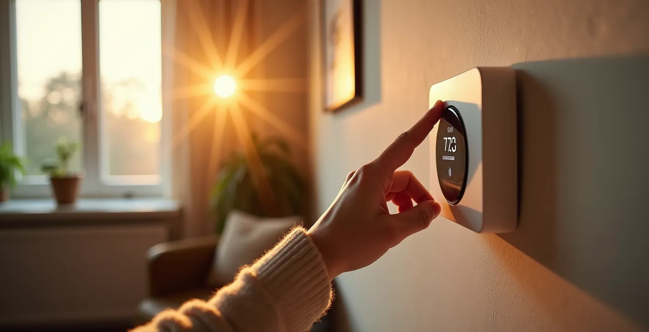 A person's hand adjusting a sleek, wall-mounted smart thermostat in a cozy, sunlit living room