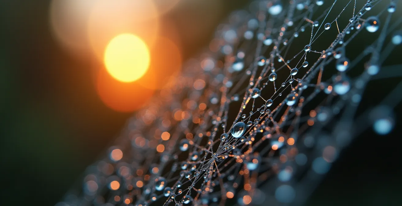 Abstract representation of a crisis spreading through digital networks, like droplets on a web