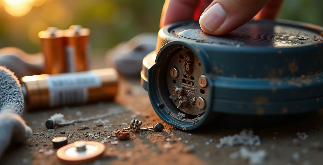 Close-up view of solar light battery compartment maintenance process, showing clean contacts and fresh batteries.